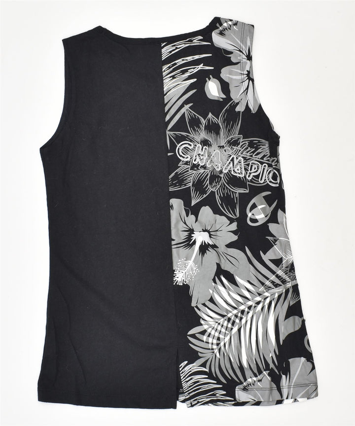 CHAMPION Girls Graphic Vest Top 11-12 Years Large Black Floral Cotton | Vintage | Thrift | Second-Hand | Used Clothing | Messina Hembry 